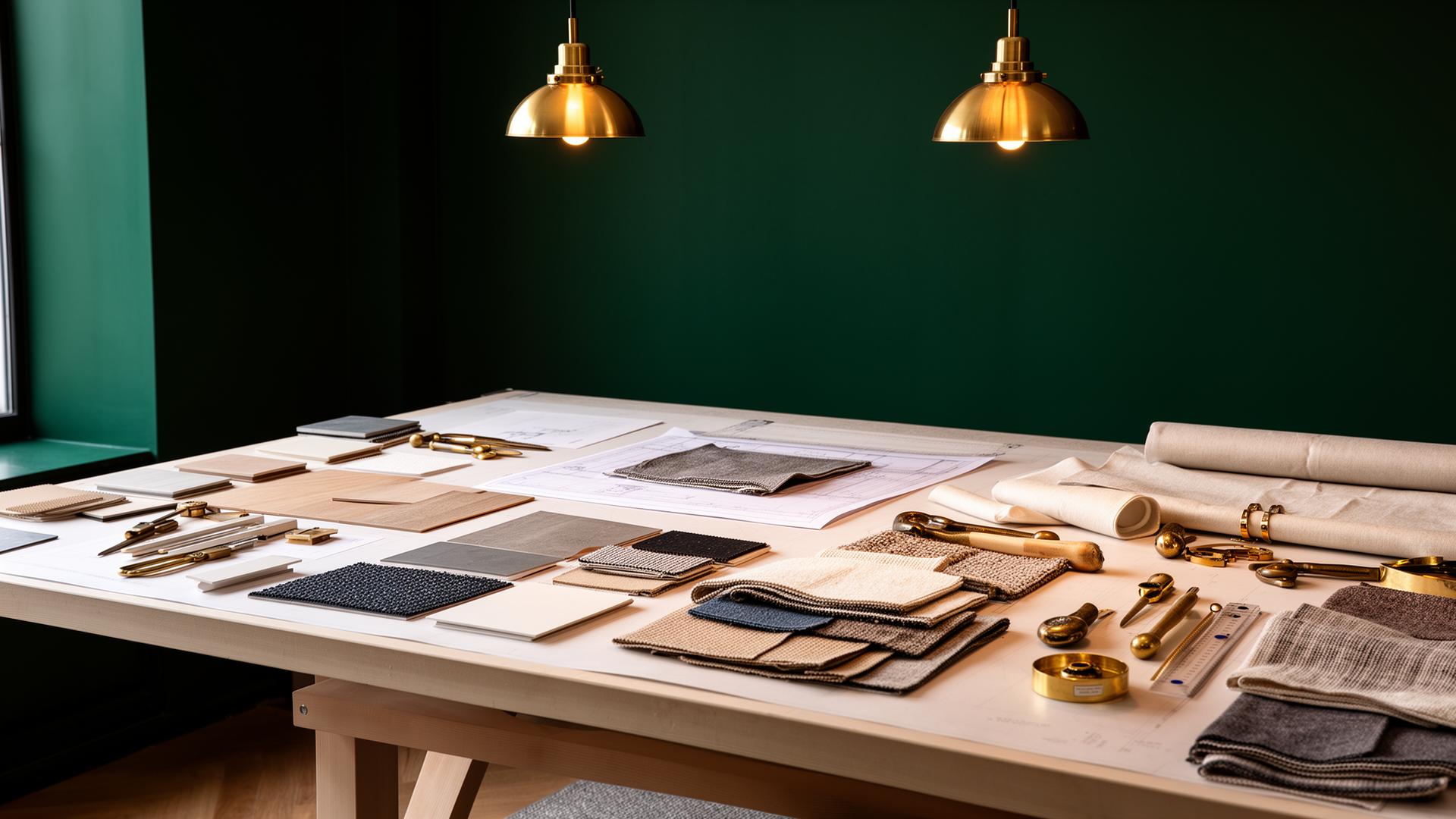 Credence Group interior design studio with material samples on a drafting table